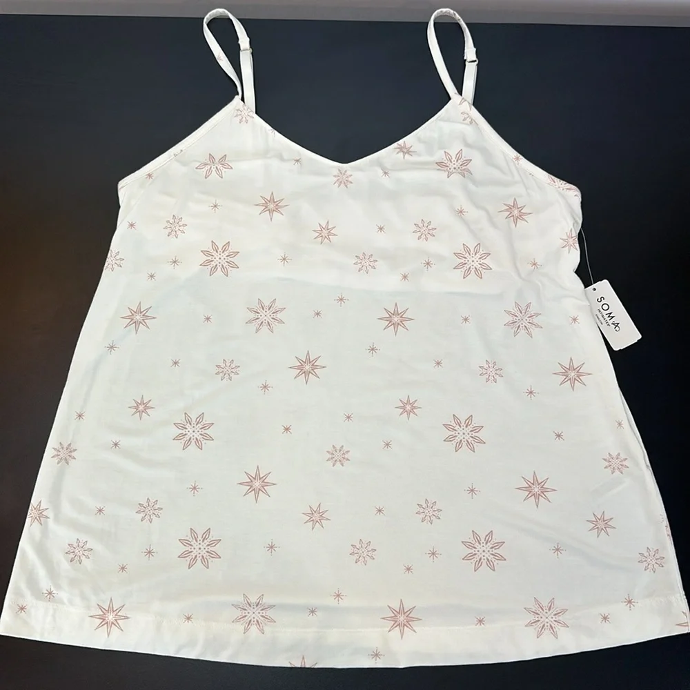 Soma‎ Cool Nights V Neck PJ Sleep Cami Size L Sparkle Stars Floral Ivory …